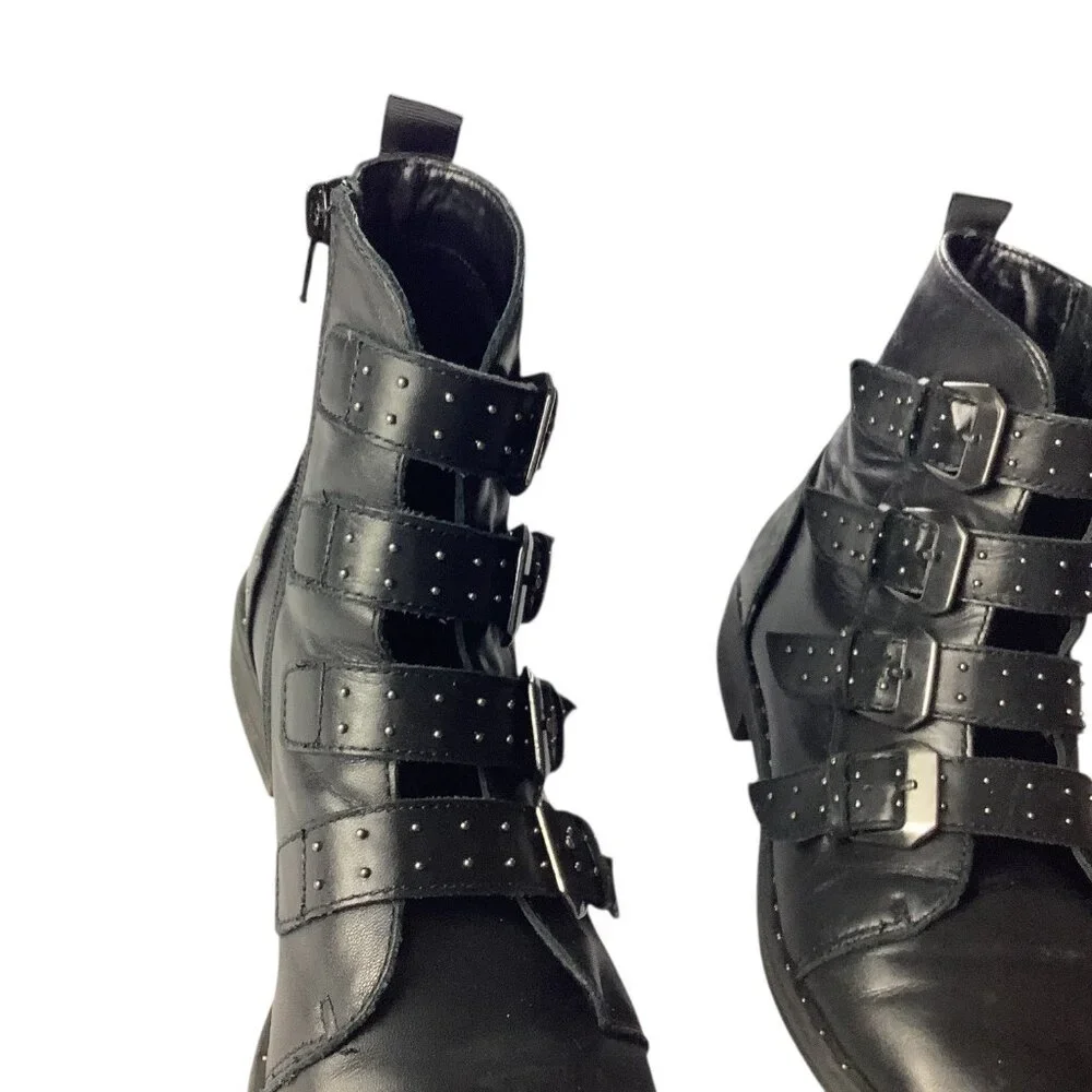 Steve Madden Women's Pursue Boots Black Leather Studded‎ Buckle Straps Ankle 8M